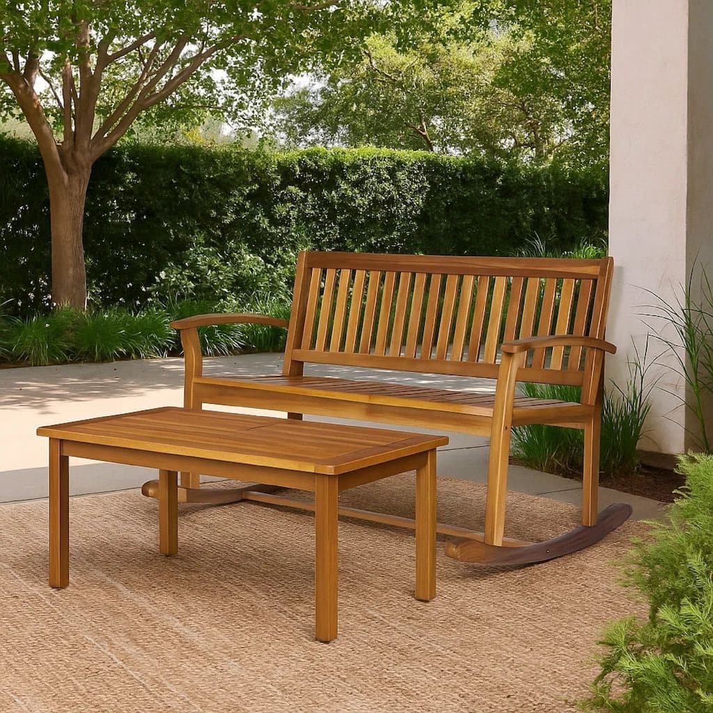 Outdoor Rocking Loveseat Bench, 50 Inch, Natural Brown Acacia Wood