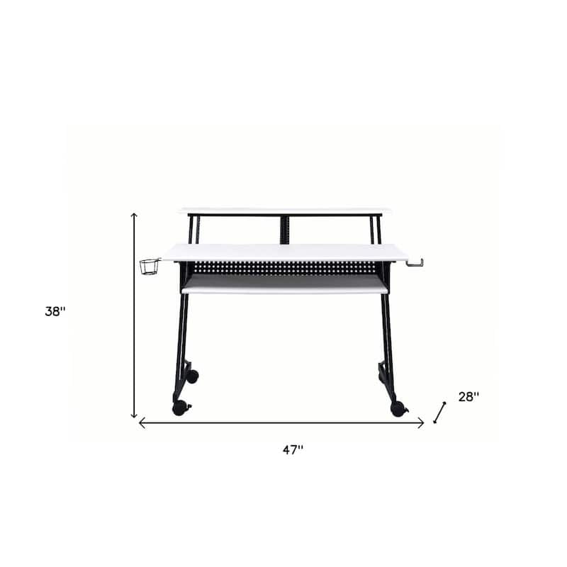 Wood Computer Desk with Black Metal Frame, Shelves and Casters