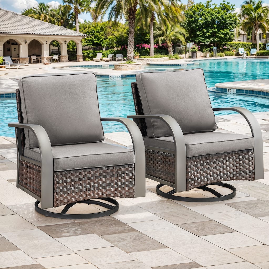 Outdoor Swivel Rcoker Chairs Set of 2 - Grey Cushion - Brown