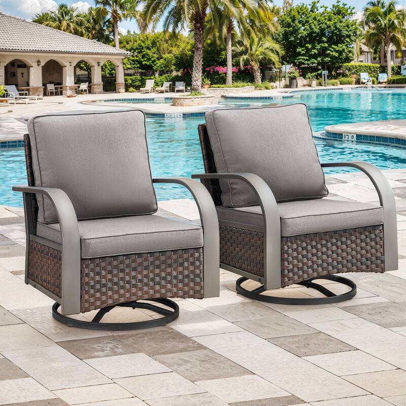 Patio Wicker Swivel Chair Funitre Set - Brown Rattan - Grey Cushion - 2PCS Swivel Chair