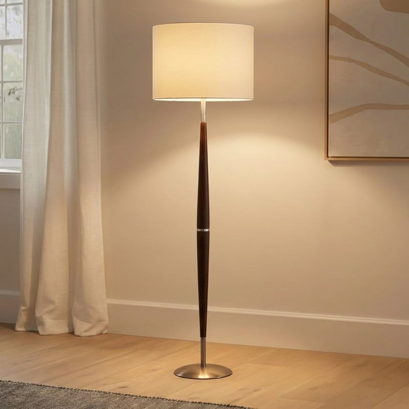 Brightech Lucas 61 in. Walnut Brown Mid-Century Modern LED Super Bright Floor Lamp with White Fabric Drum Shade