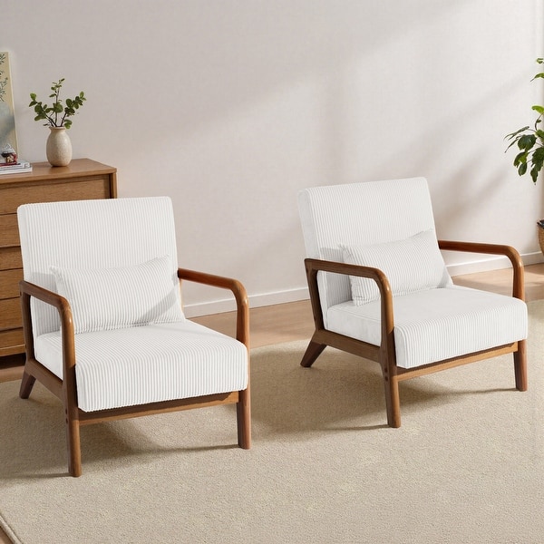 slide 2 of 146, 25" W Mid Century Upholstered Wood Accent Chair with Pillow set of 2 Dark Wood - Beige