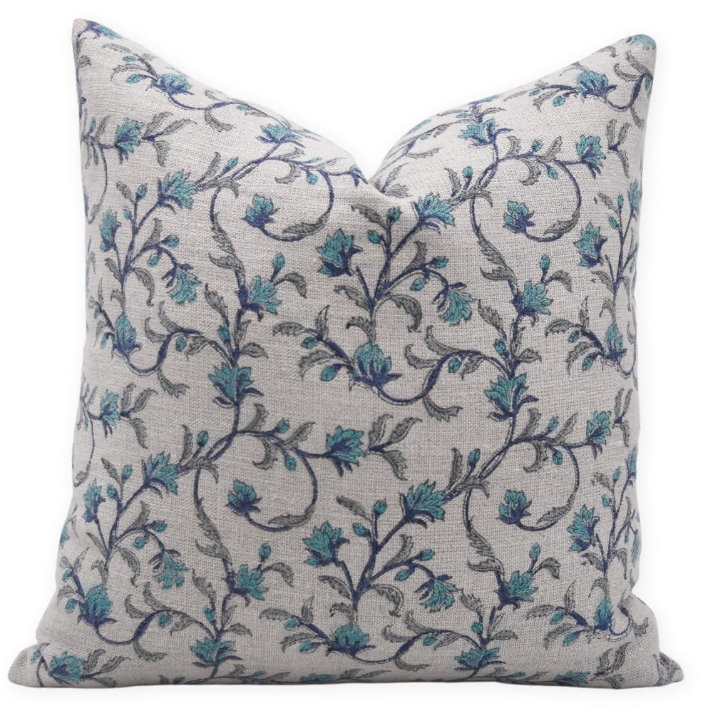 Fabdivine Floral Block Print Thick Linen Pillow Cover for Cozy Fall Home Decorative Blue Throw Cushioncase, Pushp Varsha