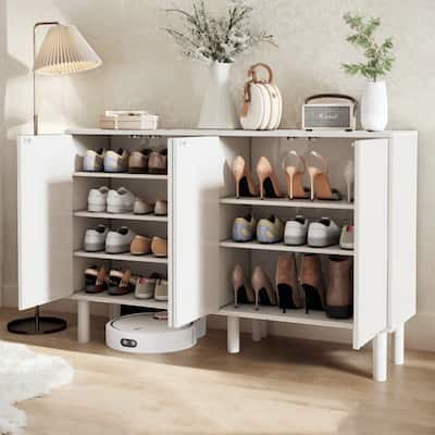 Modern Fluted 4-Door Cabinet with Adjustable Shelves and Solid Wood Legs, White