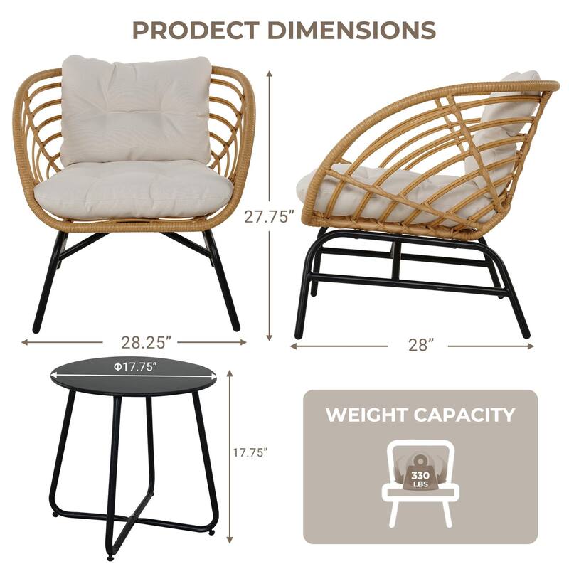 3-Piece Outdoor Furniture Set - Wicker Sofa with Thick Beige Cushions
