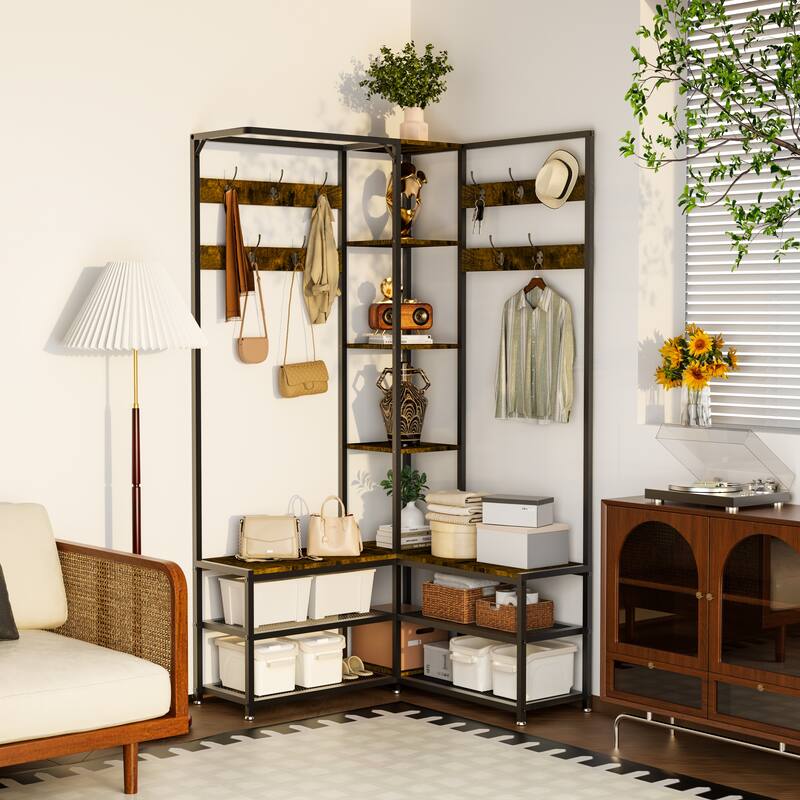 Industrial Hall Tree with Shoe Storage Bench Corner Display Shelf