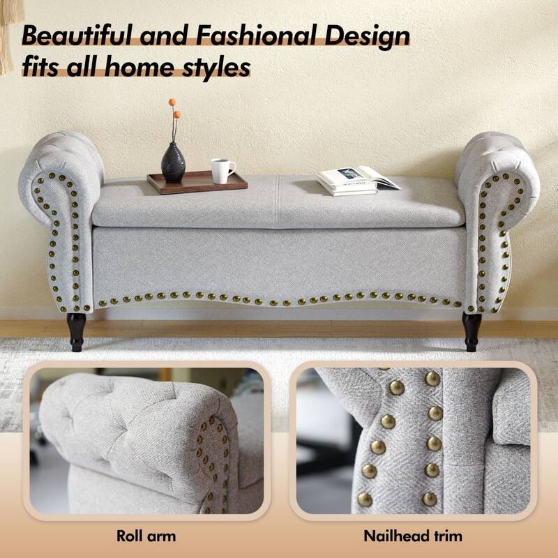 53" Length Upholstered Bench, Ottoman with Safety Hinge and Rolled Arm