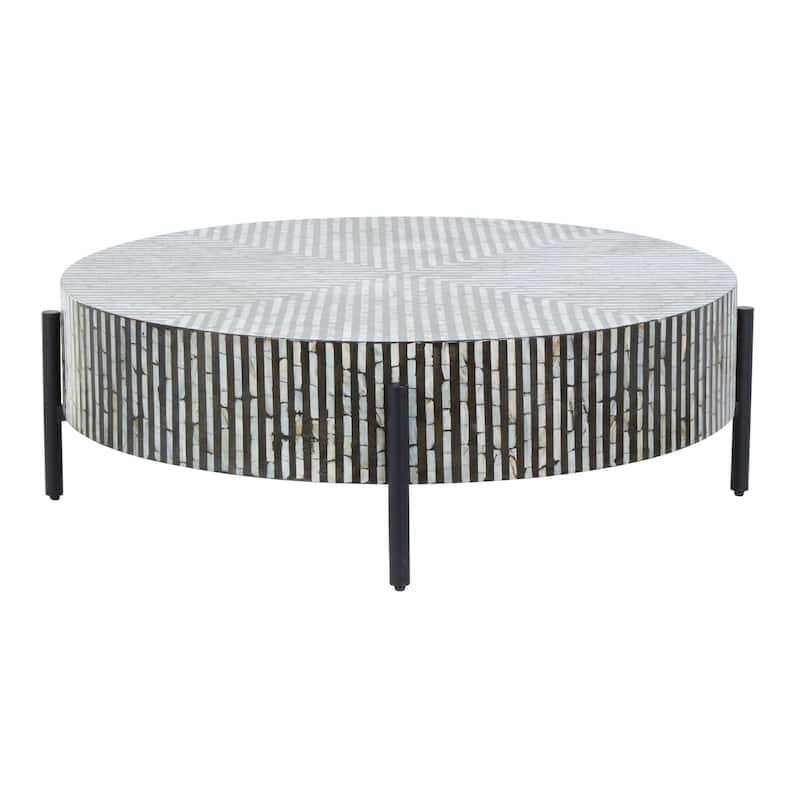 Mother of Pearl Shell Geometric Handmade Round Mosaic Inlay Coffee Table with Black Metal Legs - Roche River Decor