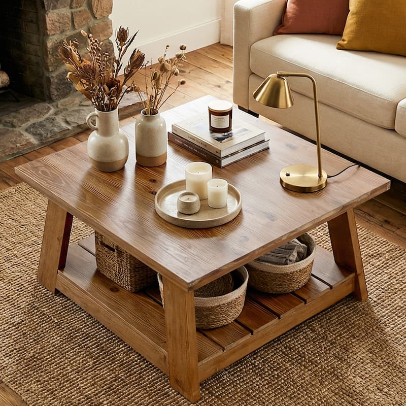 Solid Wood Square Coffee Table for Living Room, 31.5" Farmhouse Center Table
