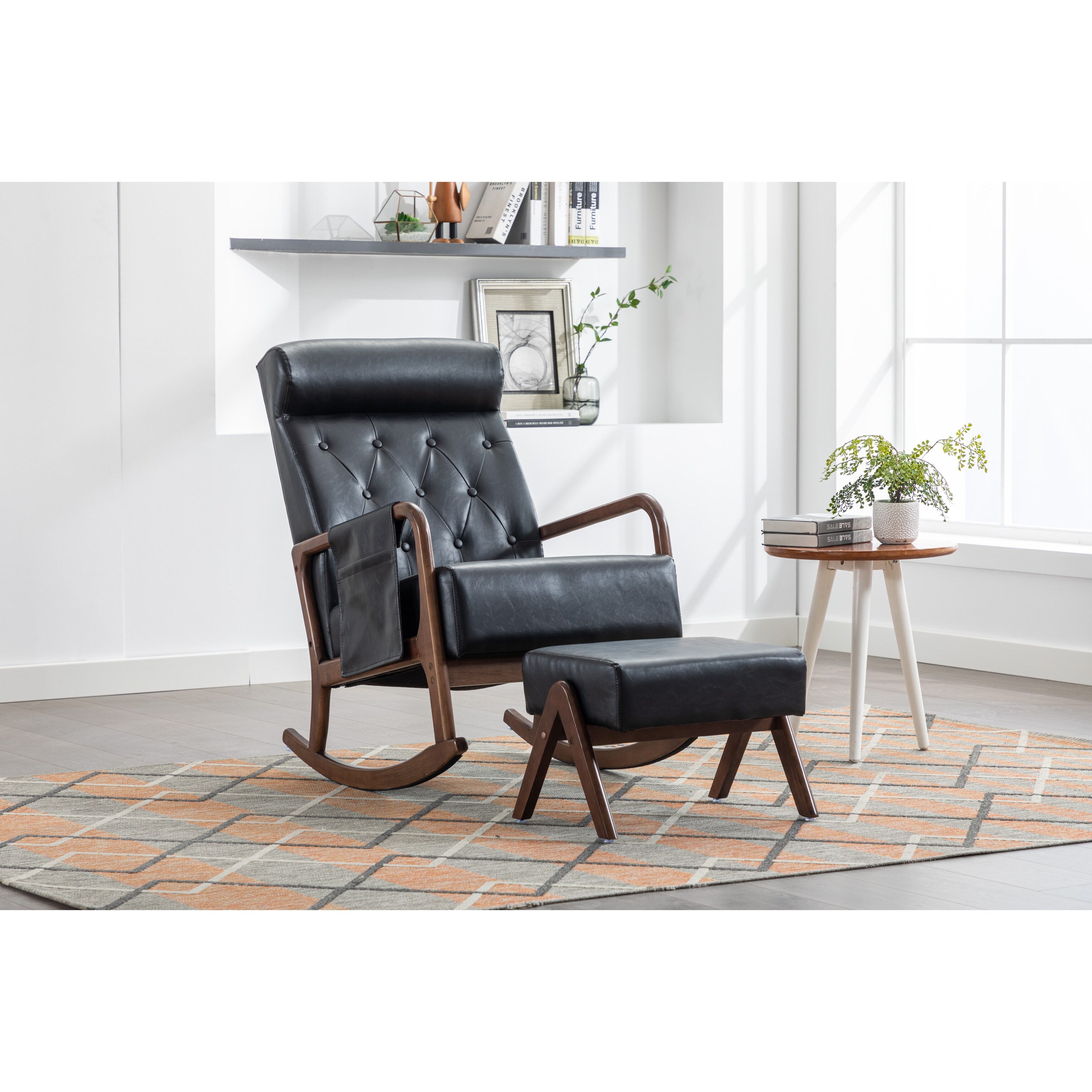 Leather Rocking Chair With Ottoman, Mid-Century Modern Upholstered