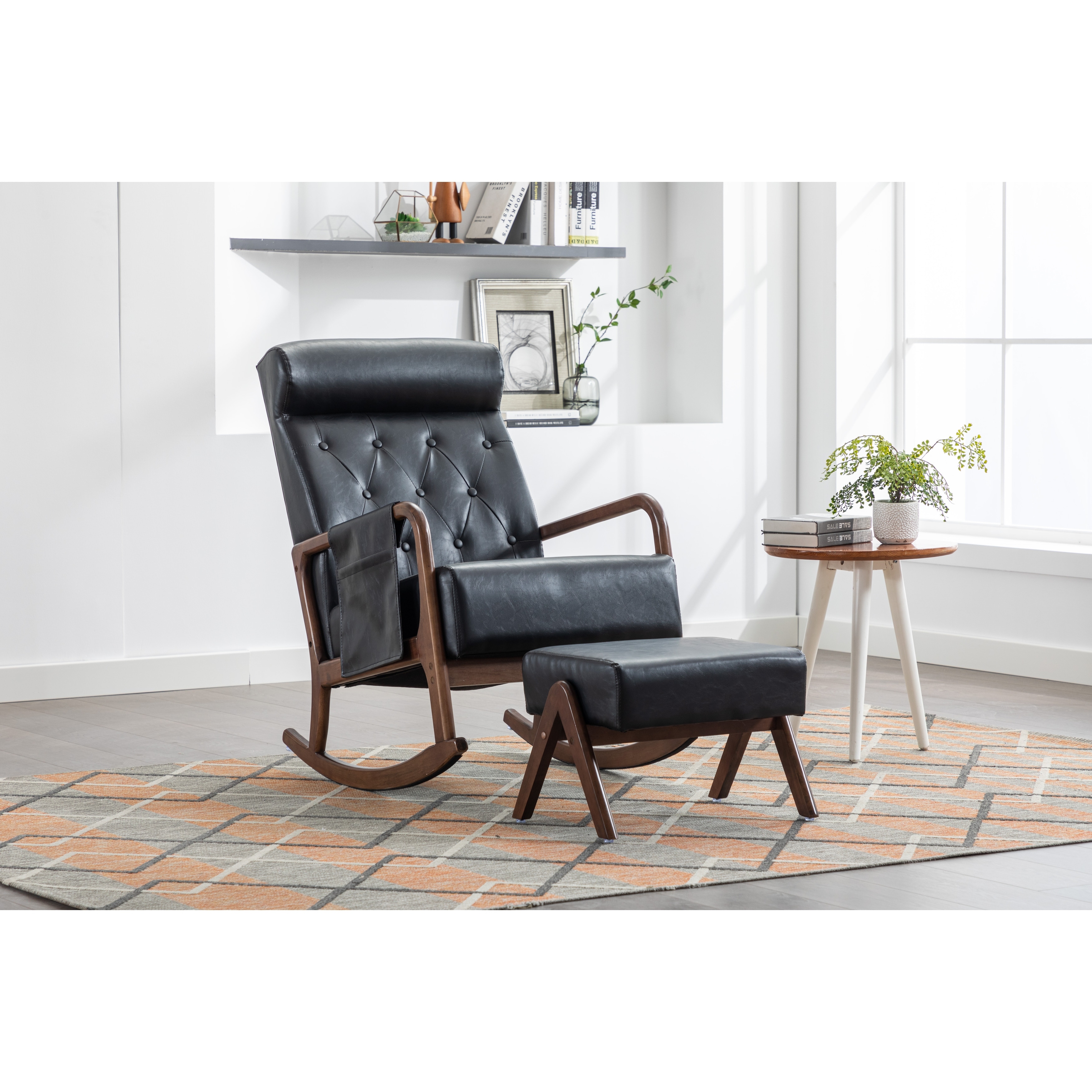 Rocking Armchair Chair with Ottoman High Backrest Accent Glider Chair w Thick Padded for Livingroom Black PU Bed Bath Beyond 39177994