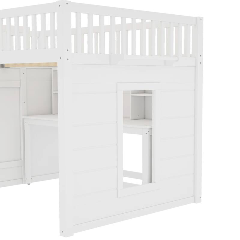 Full Size loft bed with movable desk and storage shelf, featuring storage stairs