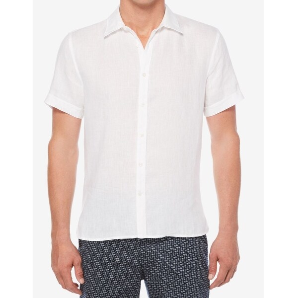 Shop Perry Ellis White Mens Size Xl Button Down Short Sleeve Linen