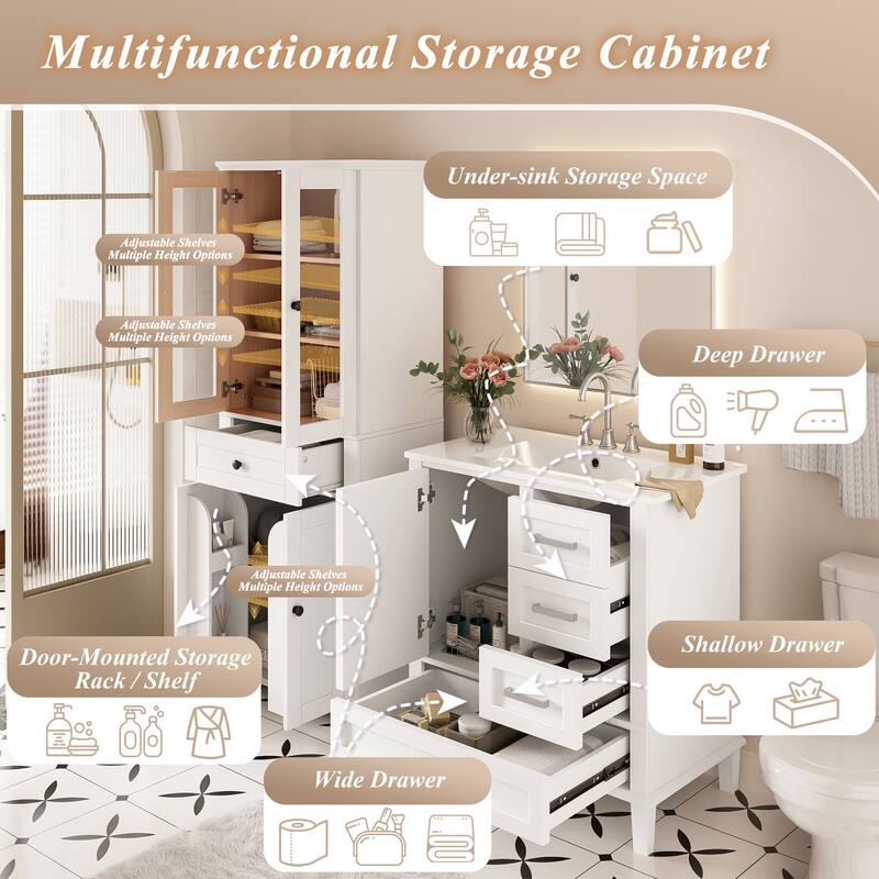2-Piece Bathroom Storage Set, Tall Bathroom Storage Cabinet and 30" Bathroom Vanity with Ceramic Sink Combo