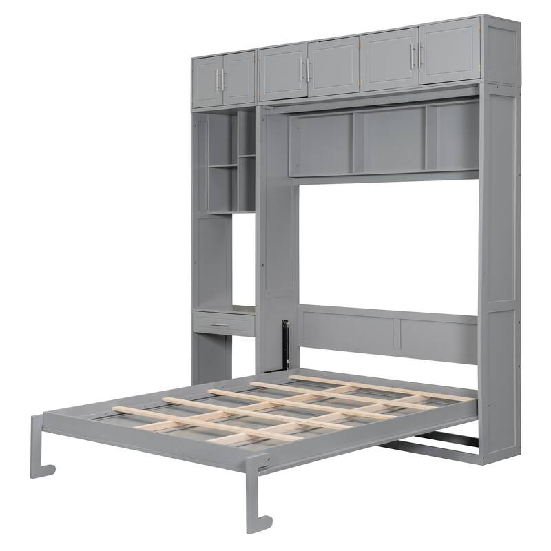 Wall Cabinet Murphy Bed with Dressing Desk & Top Cabinet, Foldable Bed