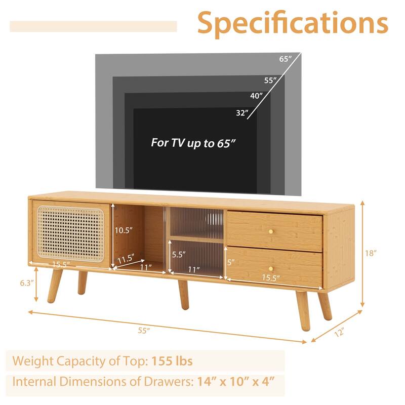 Bamboo TV Stand Console Table with PE Rattan Door & 2 Drawers
