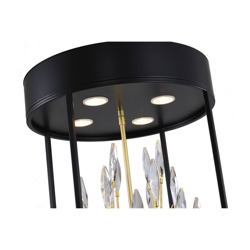 4-Light Matte Black Pendant With Gold Branches And Clear Crystals