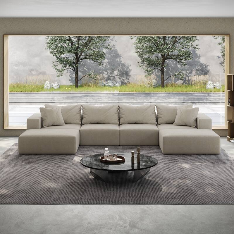Oversized Chenille Upholstered Sectional Sofa Set Modular Couch Cloud Sleeper Sofa Bed with Ottomans and Pillows for Living Room