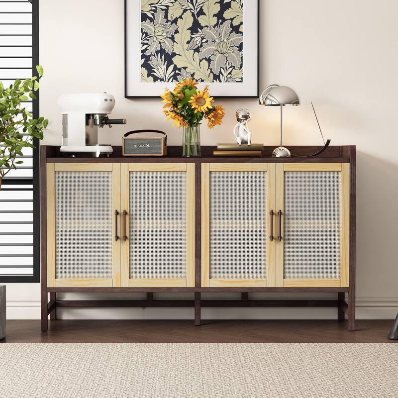 Natural Walnut Buffet Sideboard Storage Cabinet, Rattan Doors Accent Cabinet Console Table for Dining Room Living Room