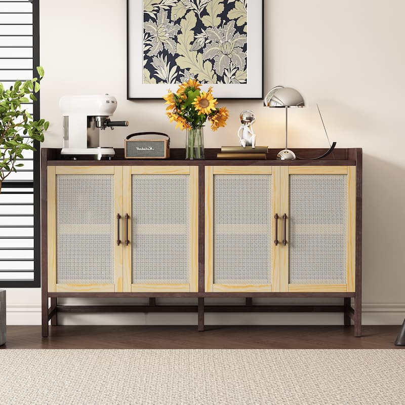 Rustic Sideboard Buffet Cabinet with Decorative Rattan Doors
