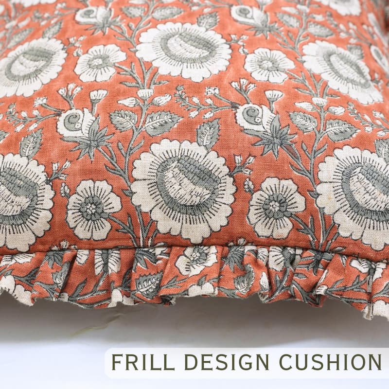 Fabdivine Handmade Block Print Floral Frill Both Side Soft Boho Pure Linen Pillow Cover