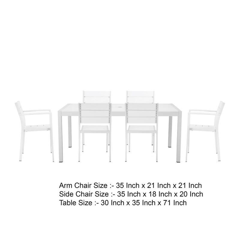 Cora 7 Piece Outdoor Dining Table, Chairs Set, White, Plank Seat and Backs