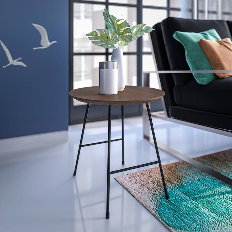 Rossmore Mid-Century Modern Round Ash Wood Veneer Side Table with Steel Frame Accent Table for Living Room, Bedroom, or Office