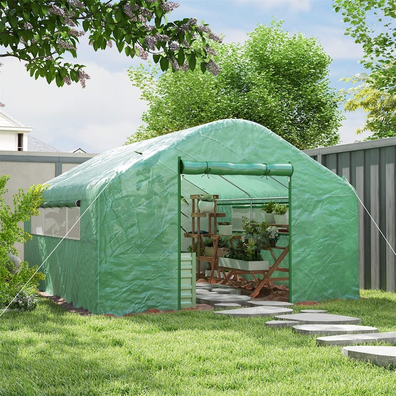 Green PE Galvanized Steel Garden Greenhouse with Roll-Up Doors and Windows - Green