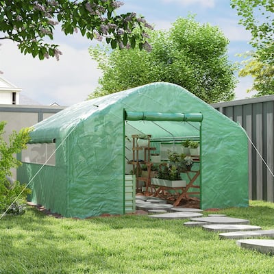 Green PE Galvanized Steel Garden Greenhouse with Roll-Up Doors and Windows