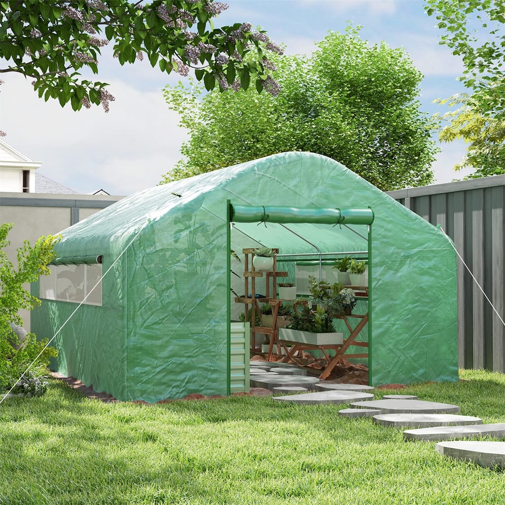 Green PE Galvanized Steel Garden Greenhouse with Roll-Up Doors and Windows