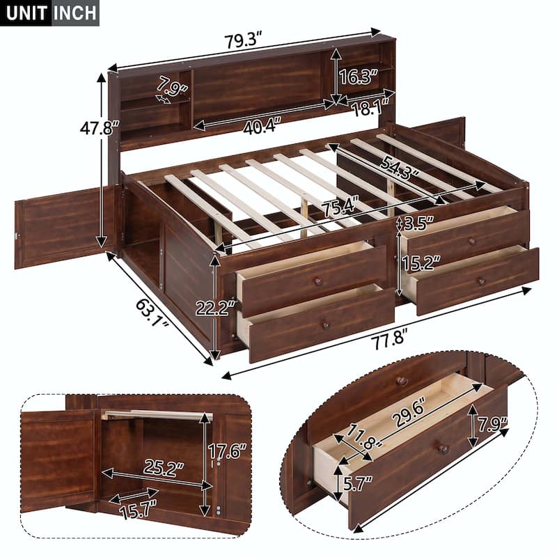 Full Size Wooden Captain Bed with Built-in Storage Shelves