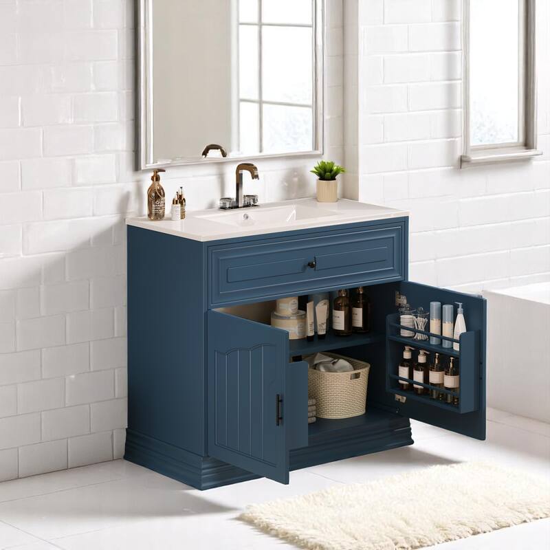 36" Bathroom Vanity with Ceramic Sink, Solid Wood Frame Cabinet with 2 Soft-Close Doors & Adjustable Shelves