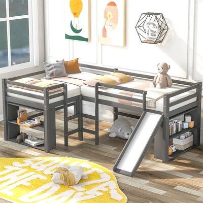 Merax Twin L-Shaped Loft Bed with Slide and Movable 2-Tier Shelves
