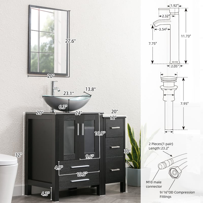eclife 36" Bathroom Vanity Black Set with Side Cabinet Vessel Sink Faucet Combo