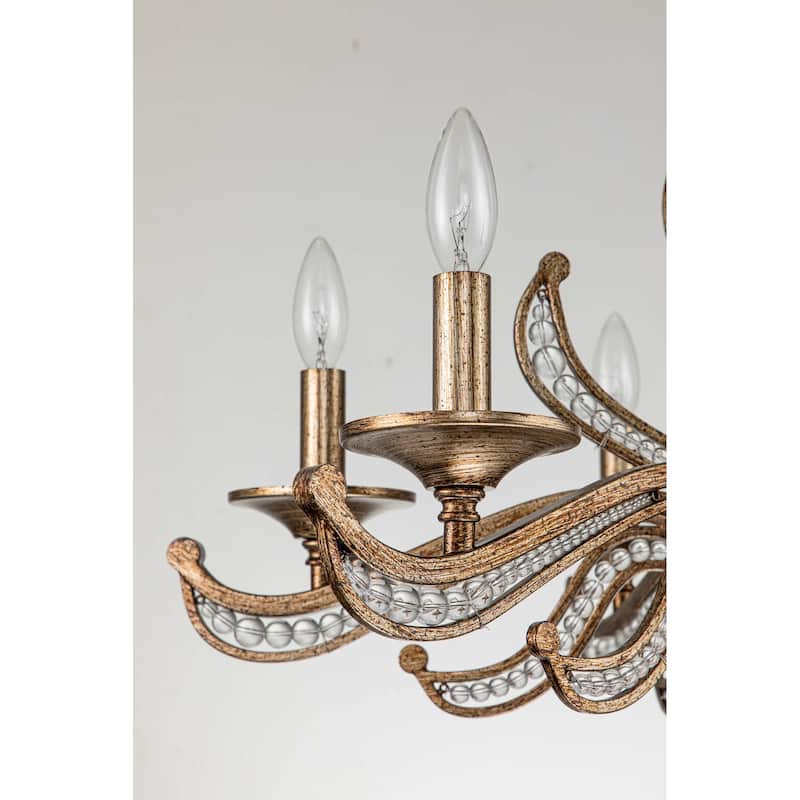 6-Light Mid-Century Modern Transitional Antique Silver Round Hand-Beaded Crystal Candle Large Chandelier