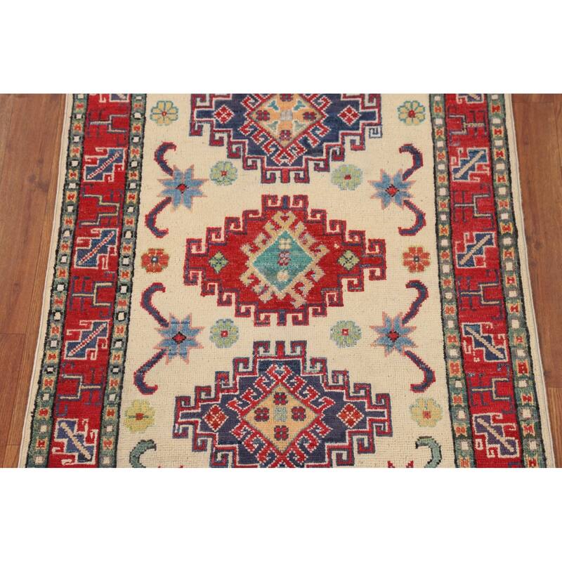 Ivory Geometric Kazak Foyer Rug Hand-Knotted Wool Carpet - 2'9" x 4'2"