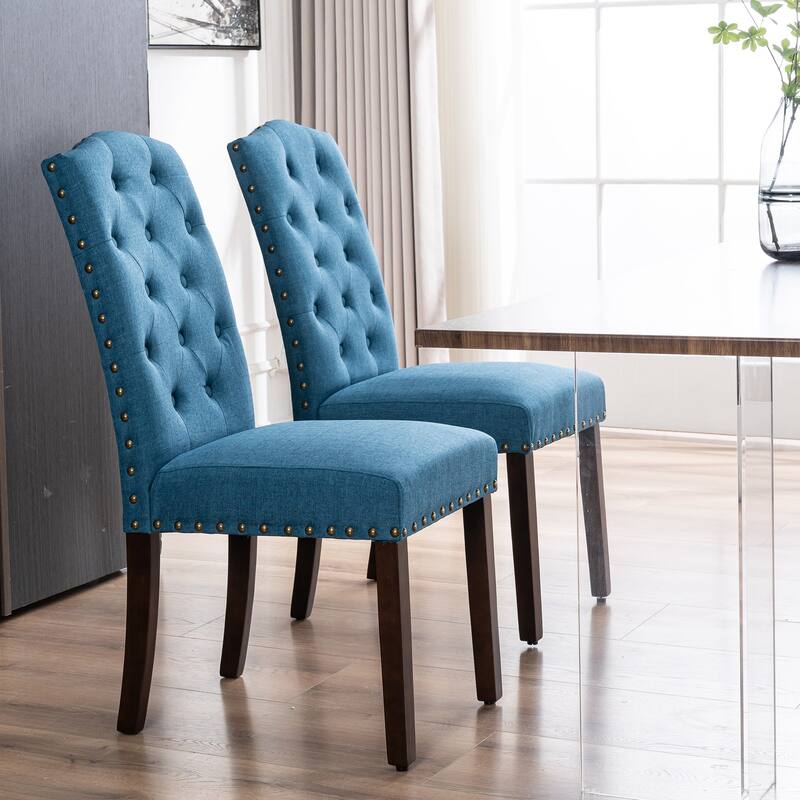 Fabric Upholstered Tufted High Back Dining Chairs with Nailhead Trim