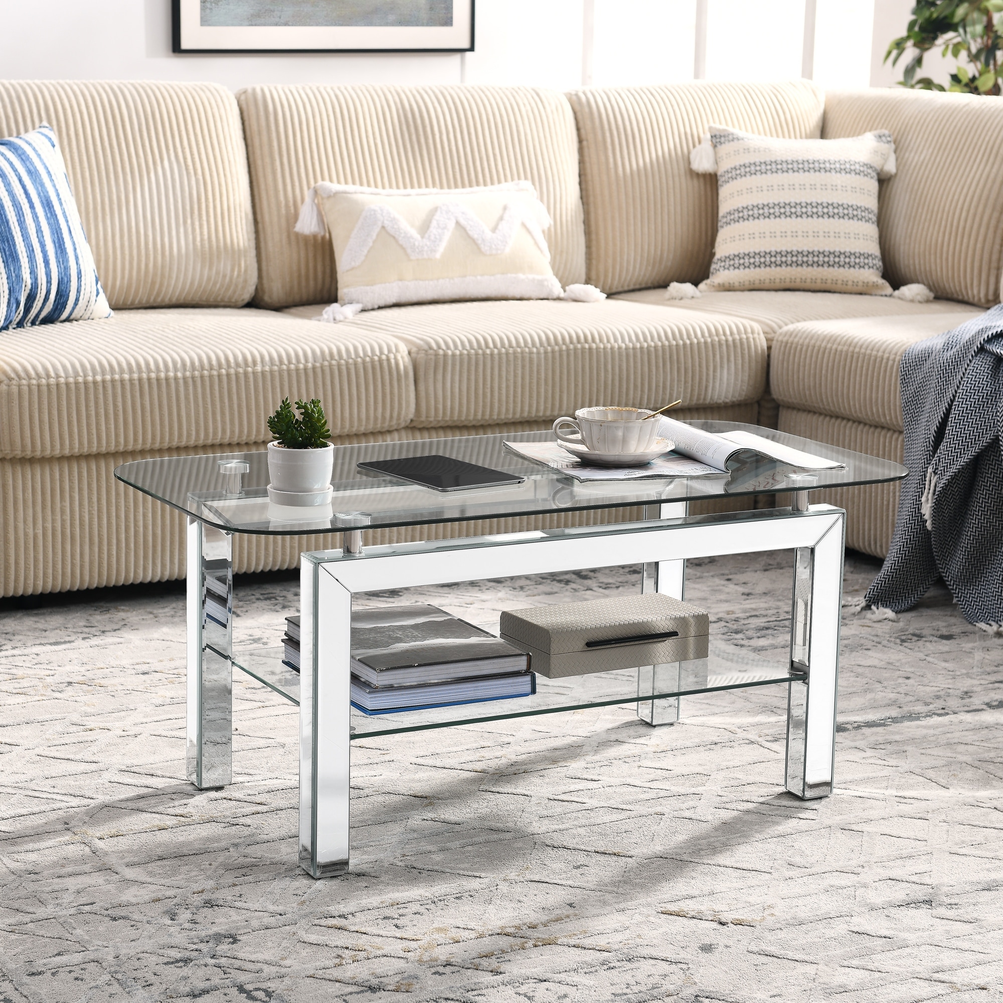 Roomfitters 40" 2-Tier Glass Coffee Table, Modern Living Room Center Table with Mirrored Legs and Storage Shelf, Silver