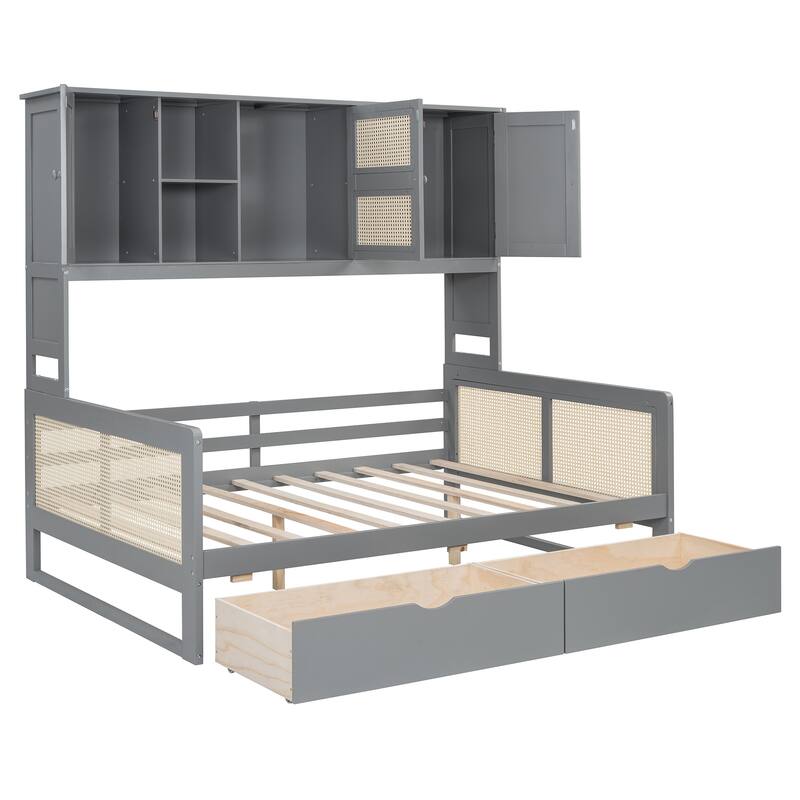 Full Size Daybed, Wooden Full Daybed Frame with 2 Storage Drawers, All-in-One Cabinet and Shelf for Bedroom