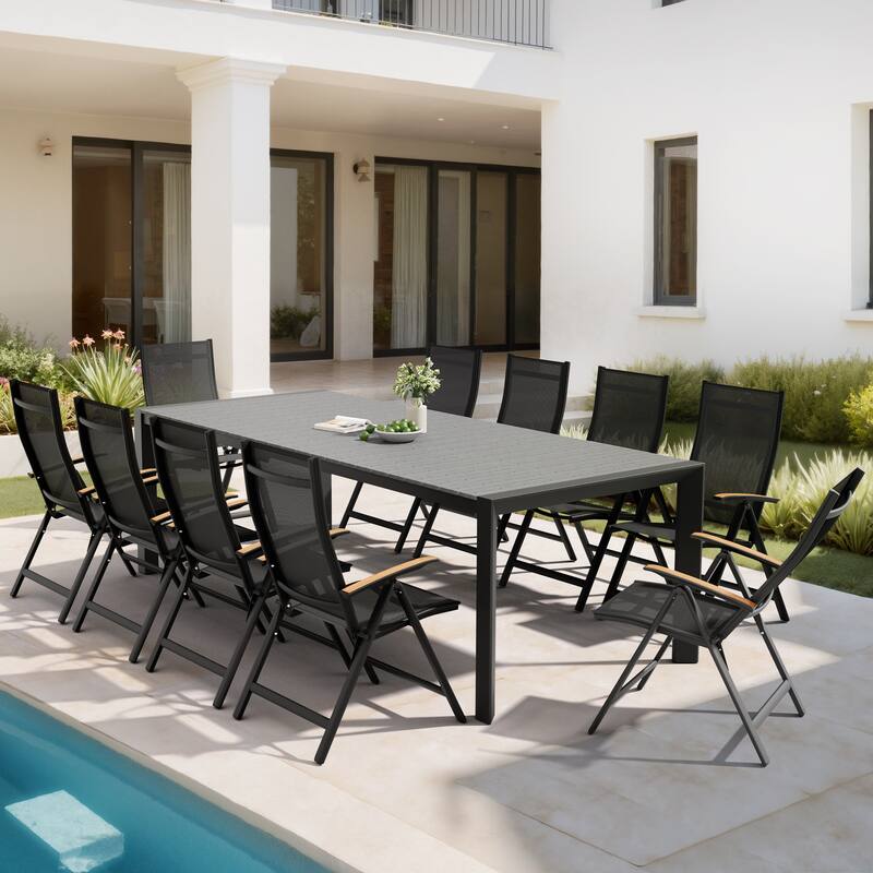 Set of 11 Outdoor Patio Dining Set WoodLike Table Top Aluminum Rectangular Umbrella Hole Table with Folding Teak Armrest Chairs