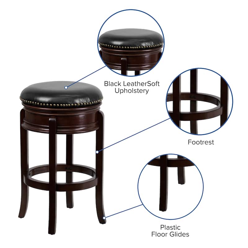 29'' High Backless Wood Barstool with Carved Apron and LeatherSoft Swivel Seat - 17"W x 17"D x 30"H