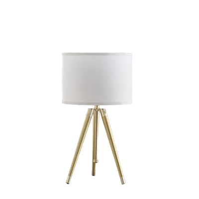 Gold Metal Tripod Table Lamp with White Linen Drum Shade and Adjustable Height - 14” x 14” x 39” (D x W x H)