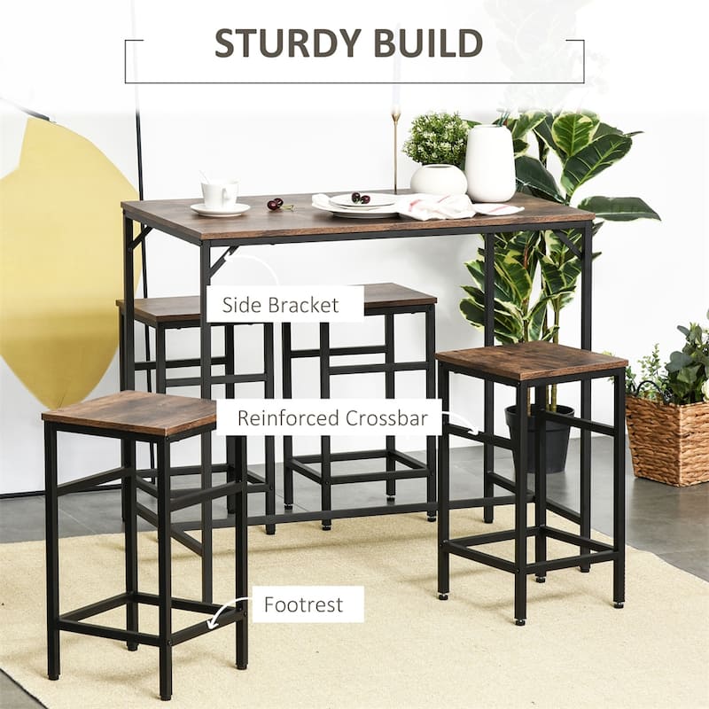 Wood Dining Table Set with Bar Table and 4 Stools Set(Set of 5)