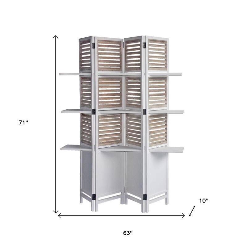 HomeRoots 71" White Wood Folding Four Panel Screen Room Divider - 63' X '71' X '10