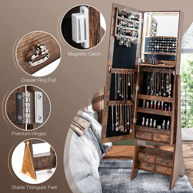 Gymax Jewelry Cabinet Armoire Full Length LED Mirror W/ Makeup Shelf &