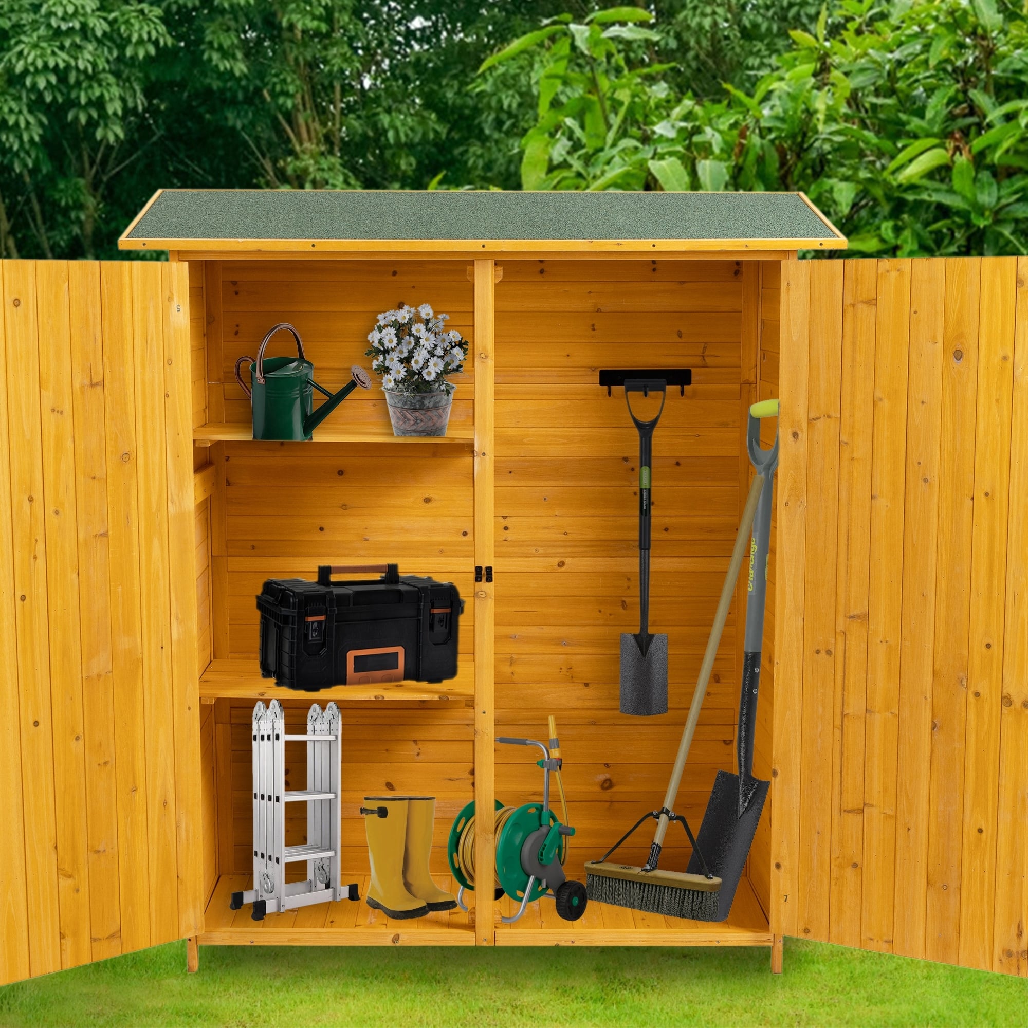 Wooden Outdoor Tool Storage Shed with Lockable Door, Detachable Shelves ...