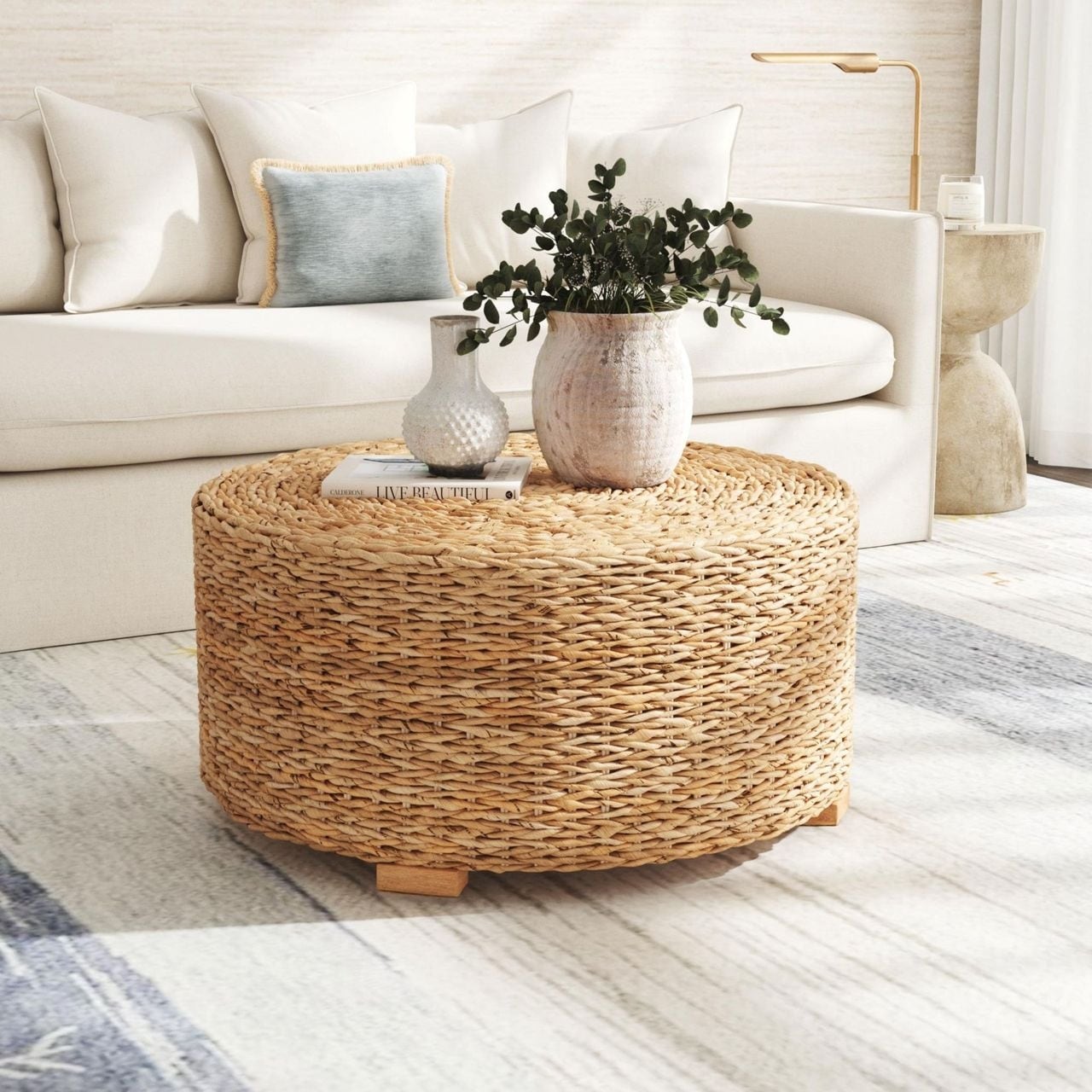 Hand-Woven Natural Abaca Wood Round Coffee Table Ottoman by East at Main