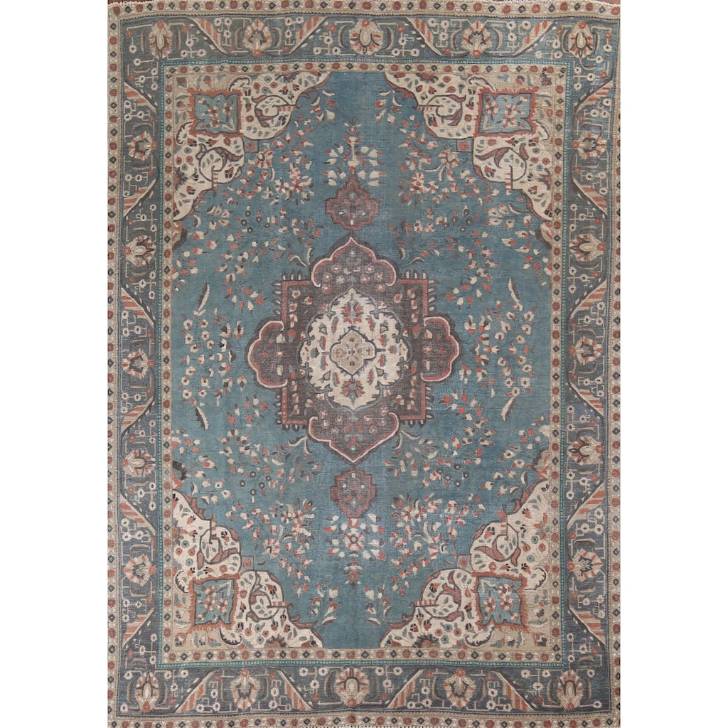 Blue Distressed Tabriz Vintage Persian Area Rug Handmade Wool Carpet - 9'7" x 12'3"