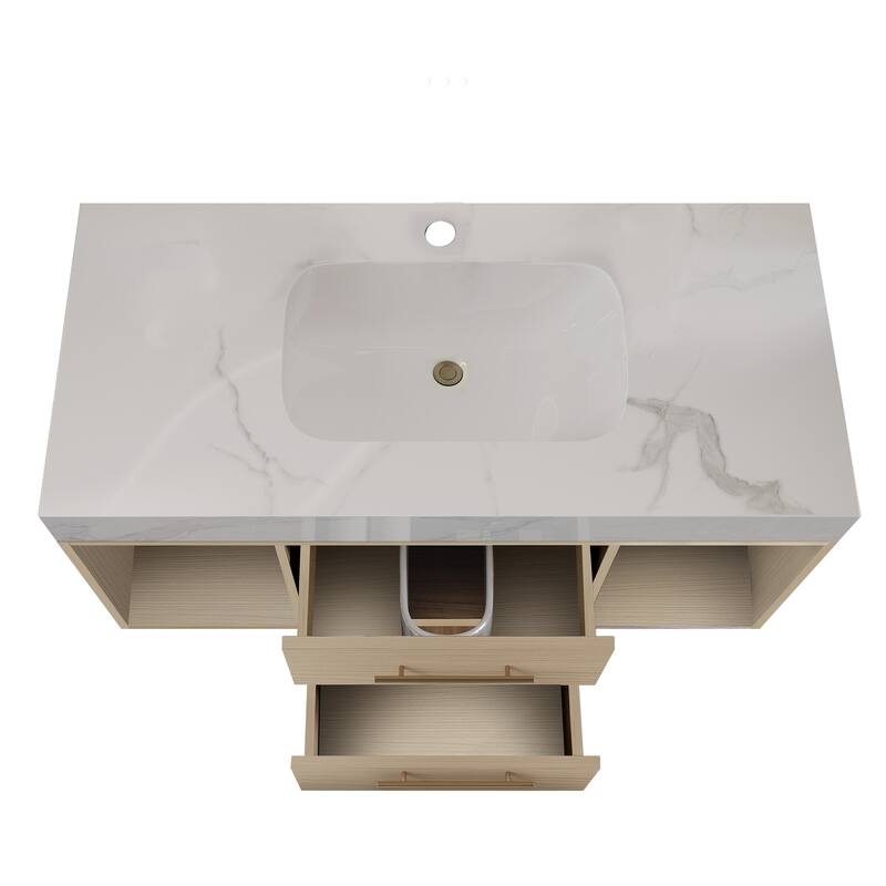 39.4"Floating Bathroom Vanity with Ceramic sink,Wall Mounted Vanity 2 Soft Close Drawer and white Slate top