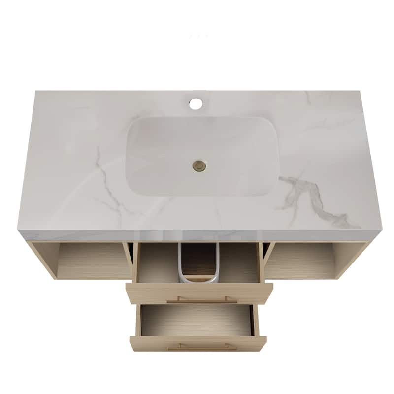 GDFStudio - Modern 39.4" Wall Mounted Floating Sintered Stone Bathroom Vanity with Seamless Ceramic Sink & Soft-Close Drawers